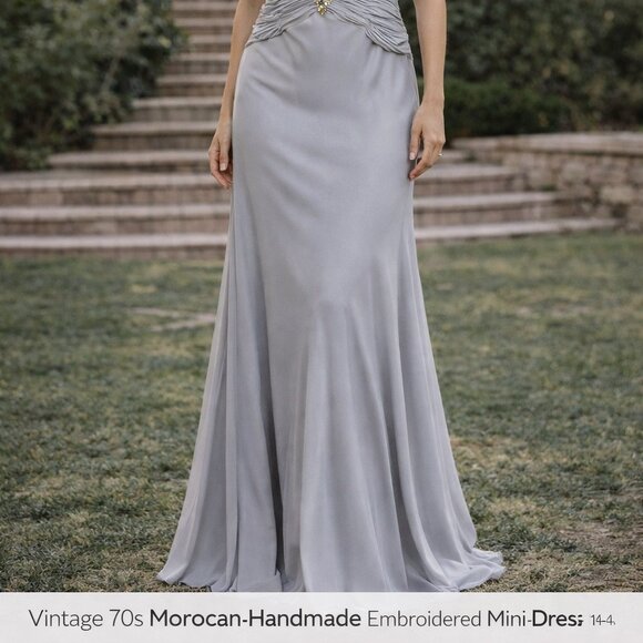 Elegant Grey Beaded Evening Gown | Flutter Sleeve V-Neck Formal Dress - Picture 2 of 12